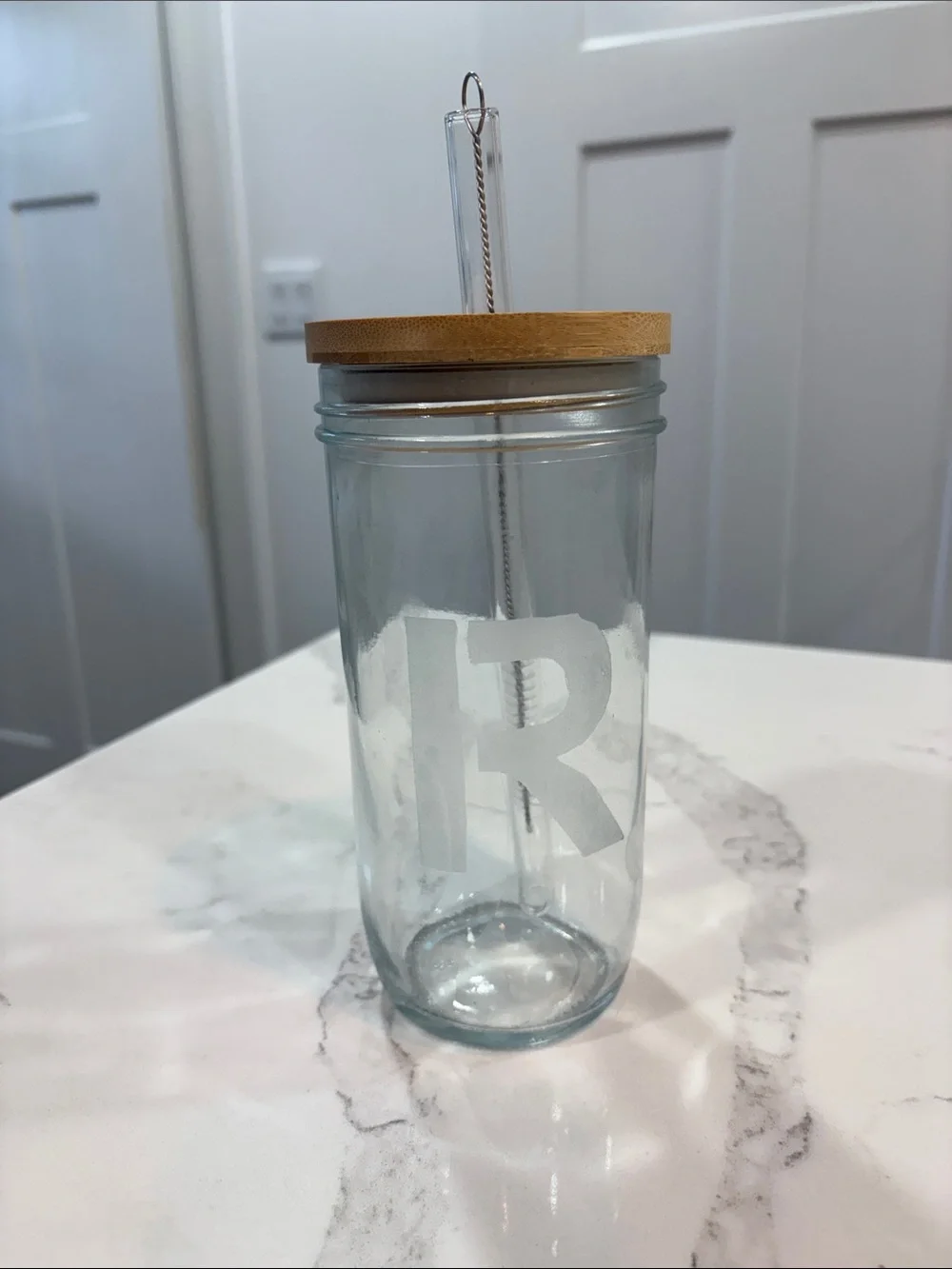 Monogram R Glass Drinking Jar with Bamboo Lid and Straw - Clear
